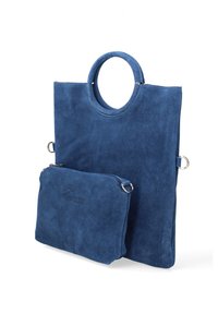 Borsa a spalla in suede blu navy con manici circolari, dotata di una pochette più piccola attaccata. Texture liscia e design minimalista con dettagli metallici.