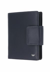 Portefeuille en cuir noir avec des bords cousus, une fermeture à bouton-pression et un petit emblème argenté dans le coin inférieur.