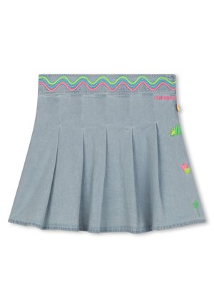 Jupe en denim bleu clair avec une ceinture à motif de vagues colorées, design plissé et accents brodés de cœurs et d'un palmier.