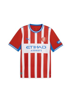 Maillot de football de Girona à rayures verticales rouges et blanches avec logos Puma bleus et texte du sponsor Etihad Airways devant.