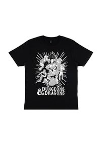 Černé bavlněné tričko s bílým grafickým designem postav a symbolů, s textem "Dungeons & Dragons" na dně.