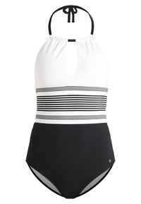 Maillot de bain noir et blanc de style halter avec une découpe en forme de trou de serrure, présentant une bande rayée horizontale à la taille et une texture de tissu lisse.