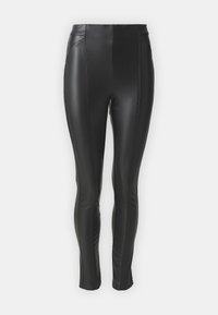 Zwarte faux leren leggings met een slim fit, voorzien van zijnaden, een hoge tailleband en een gladde, glanzende textuur.