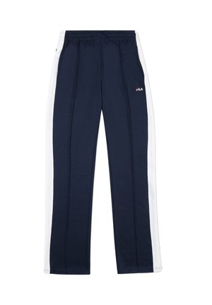 Navy track pants with white side stripes, elastic waistband, and Fila logo. Made from soft fabric, featuring straight leg design and smooth texture.
