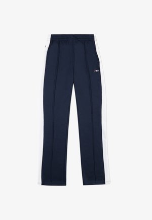 Navy track pants with white side stripes, elastic waistband, and Fila logo. Made from soft fabric, featuring straight leg design and smooth texture.