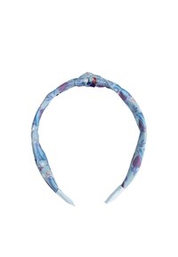 Bandeau en tissu de couleur bleu clair avec des motifs floraux et un design noué. Texture lisse avec des extrémités élastiques pour un ajustement sécurisé.