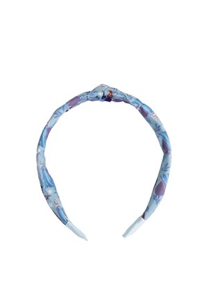 Stoffhaarband in Hellblau mit floralen Mustern und einem geknoteten Design. Glatte Textur mit elastischen Bandenden für einen sicheren Sitz.