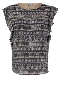 Blouse manches courtes noire et beige avec un col rond et un motif à rayures horizontales ponctuées.