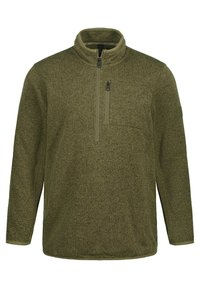 Pullover in pile verde oliva con colletto alto, zip frontale a metà e tasca sul petto. Tessuto morbido, vestibilità normale e maniche lunghe.