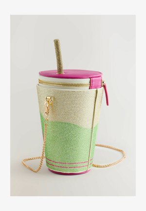 Rund, kopformet taske i flerfarvet net: guld, grøn, pink; har lynlås, gyldent metalhardware og en glitrende sugerørsdetalje. Kæderem medfølger.