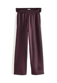 Pantaloni ampi bordeaux con pannelli laterali bianchi, vita elastica e dettaglio del logo in rilievo sulla gamba sinistra. Tessuto liscio e morbido.