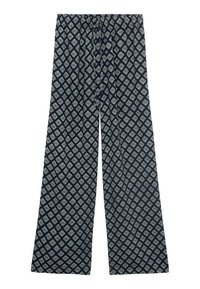 Klasické nohavice s širokými nohavicami v námorní modrej farbe, zdobené geometrickým bielym diamantovým vzorom. Sťahovací pás a ľahký, priedušný materiál.