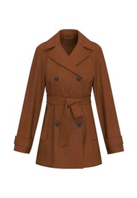 Cappotto marrone doppiopetto con vita cinturata, revers a punta e due tasche frontali. Realizzato in un tessuto morbido e testurizzato.