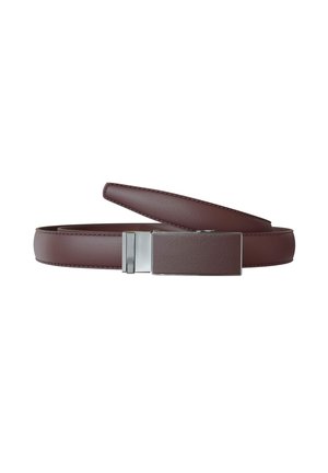 Brown leather belt coiled with a rectangular silver and brown buckle, displayed on a white background.