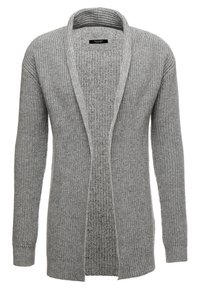 Cardigan grigio lavorato a maglia con apertura frontale, texture a coste all'interno, maniche lunghe e una sensazione morbida e accogliente. Senza chiusure.