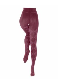 Collants bordeaux à motif avec un design en diamants, une taille haute et une texture lisse, avec une section de pied de couleur unie.