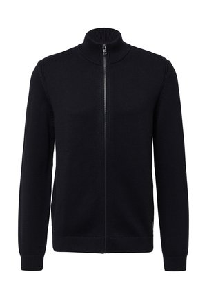 Maglione nero con zip, colletto alto, texture a costine e polsini aderenti. Presenta una zip a lunghezza totale e spalle senza cuciture.