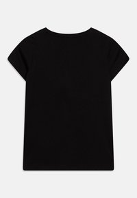 Black short-sleeve t-shirt with a round neckline, made from a smooth fabric, featuring a simple, solid design without any patterns or graphics.