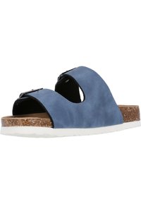 Blaue Kunstleder-Sandale mit zwei verstellbaren Riemen, Korkfußbett, weißer Gummisohle und glatter Textur.