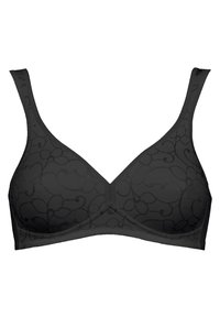 Sujetador negro con un patrón floral, tejido suave, tirantes ajustables y forma de copa triangular. No tiene acolchado ni aros visibles.