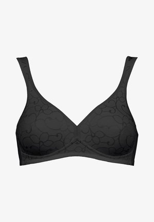 Czarny stanik z kwiatowym wzorem, miękkim materiałem, regulowanymi ramiączkami oraz trójkątnym kształtem miseczek. Brak widocznej wyściółki lub drutu podtrzymującego.