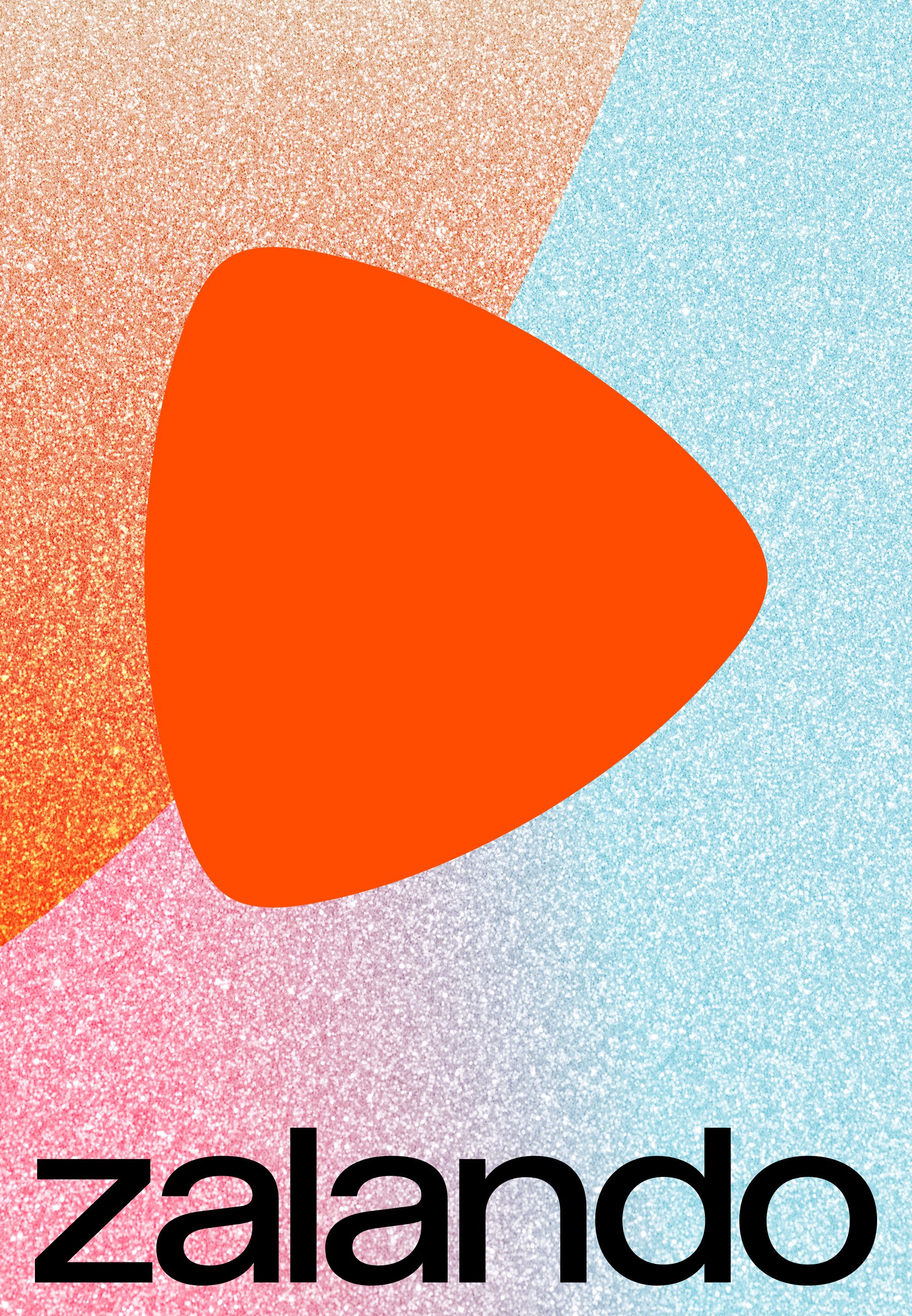 Design abstrato com uma grande forma laranja sobre um fundo cintilante com gradientes de pêssego, rosa, roxo e azul claro. Inclui o texto "zalando."