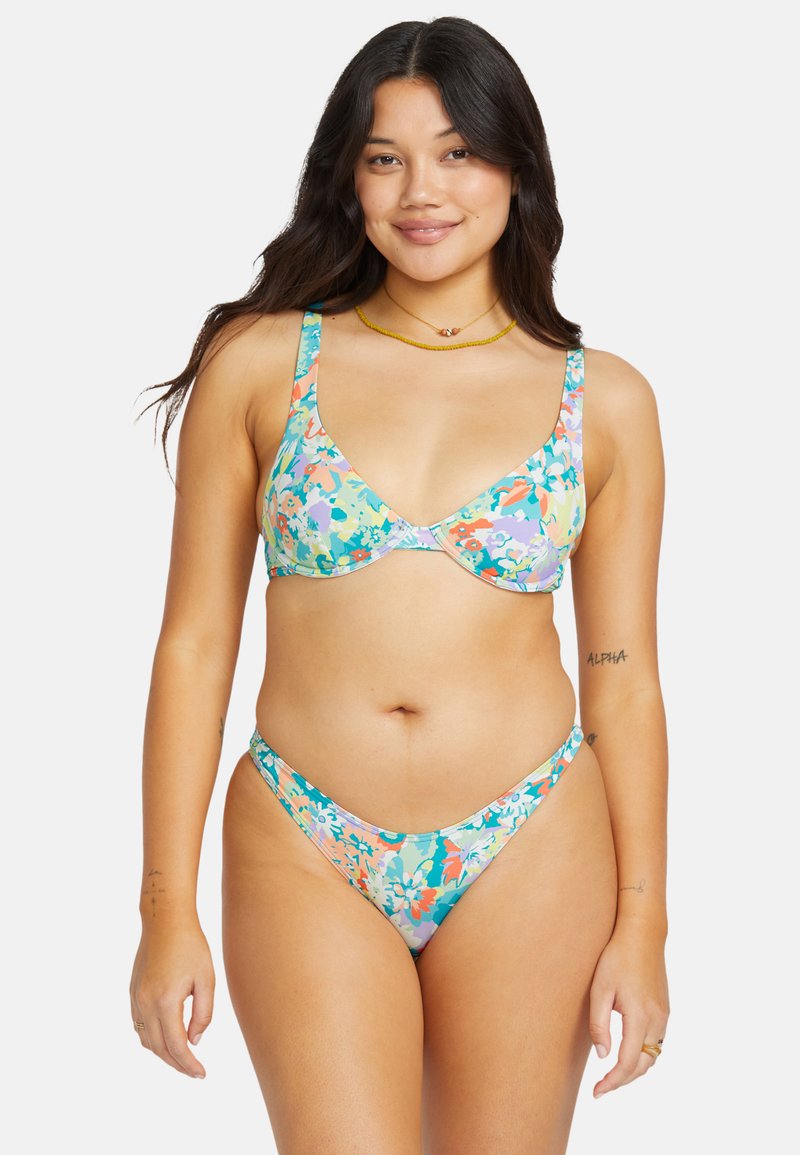 Floral bikini set featuring a blue-green base with multicolored flowers. The top has wide straps and underwire; bottom is a low-rise, thong style.
