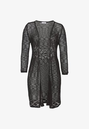 Crna pletena kardigana s dugim rukavima, otvorenim prednjim dijelom i dijamantnim uzorkom na rubu, koja se odlikuje labavom i prozračnom teksturom.