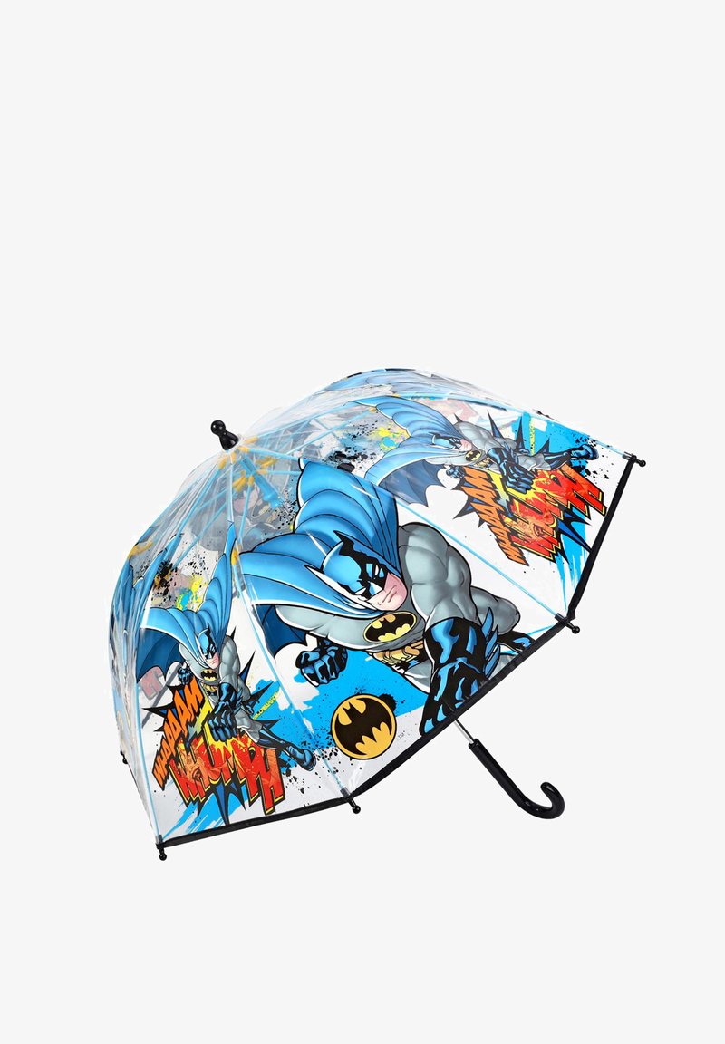 Transparent umbrella featuring Batman graphics in blue, black, and yellow, with action words and splatter patterns. Hook handle design.
