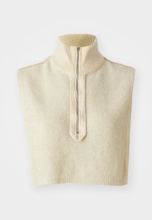 Cream-colored knitted sleeveless turtleneck collar with a front silver zipper and ribbed edges, displayed on a white background.