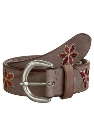 Ceinture en cuir marron avec boucle métallique argentée, décorée de motifs floraux brodés rouges et orange sur toute sa longueur.
