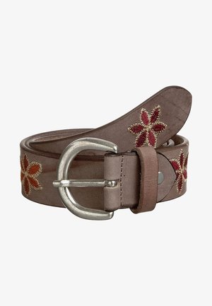 Ceinture en cuir marron avec boucle métallique argentée, décorée de motifs floraux brodés rouges et orange sur toute sa longueur.