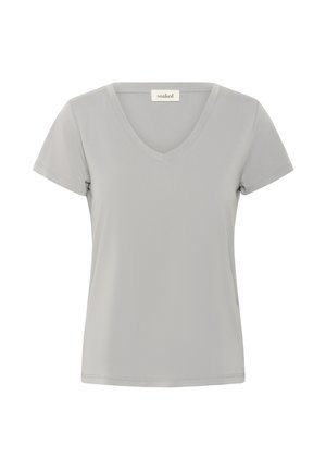 Gray short-sleeve v-neck t-shirt made of smooth fabric, featuring a straight hem and minimalist design without patterns or embellishments.