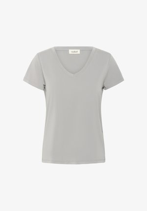 Grau Kurzarm-V-Ausschnitt-T-Shirt aus glattem Stoff, mit geradem Saum und minimalistischem Design ohne Muster oder Verzierungen.