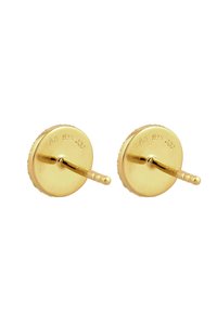 Øreringe i guldton med rund skiveform, der har en poleret overflade og en tekstureret kant. Materiale markeret som 925 sterlingsølv.