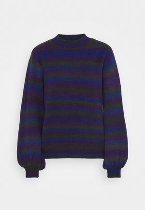 Sweter z długim rękawem z dzianiny w poziome paski w kolorach ciemnoniebieskim, fioletowym, zielonym i czarnym, z okrągłym dekoltem i mankietami na rękawach.