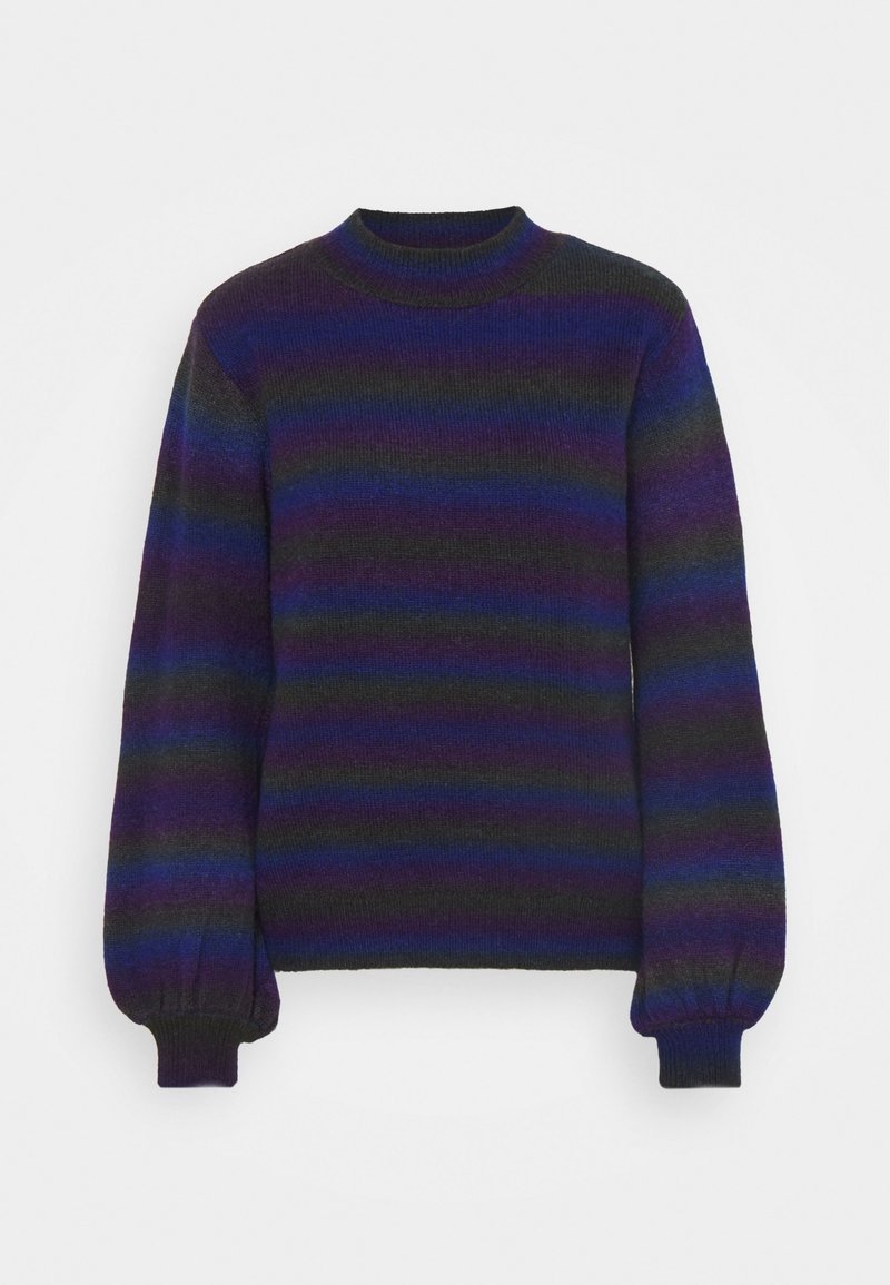 Pull en tricot à manches longues avec des rayures horizontales bleu foncé, violet, vert et noir, doté d'un col rond et de manches à revers.
