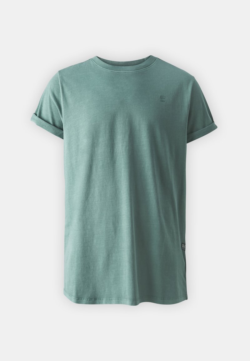 Grünes Baumwoll-T-Shirt mit Rundhalsausschnitt, umgeschlagenen Kurzärmeln und einem dezenten Logo an der oberen linken Seite. Glatte Textur und lockere Passform.