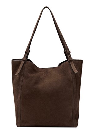 Dark brown suede tote bag with adjustable shoulder straps and simple, unadorned design on white background.