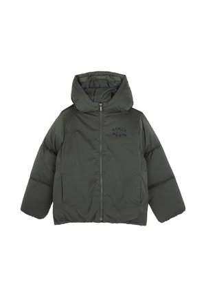 Veste matelassée vert foncé avec capuche, fermeture éclair frontale et logo "Kenzo Paris" sur la poitrine, affichée sur fond blanc.
