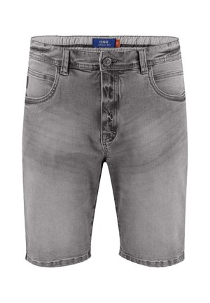 Grijze denimshorts met voorknop, riemlussen en twee voorzakken, afgebeeld op een witte achtergrond.