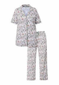 Květinový vzorovaný saténový pyžamový set, který zahrnuje krátký rukáv, košili na knoflíky a dlouhé kalhoty s elastickým pasem a stahovací šňůrkou.