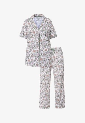 Blomstermønsteret bomulds pyjamas sæt med en kortærmet skjorte med knaplukning og lange bukser med elastisk talje og snor.