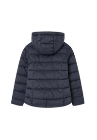 Giacca trapuntata puffer blu navy con maniche lunghe e cappuccio integrato, vista da dietro su uno sfondo bianco semplice.