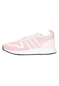 Pink athletic shoe with a mesh upper, white accents, three white stripes, and a black outsole. Features a padded collar and laces.