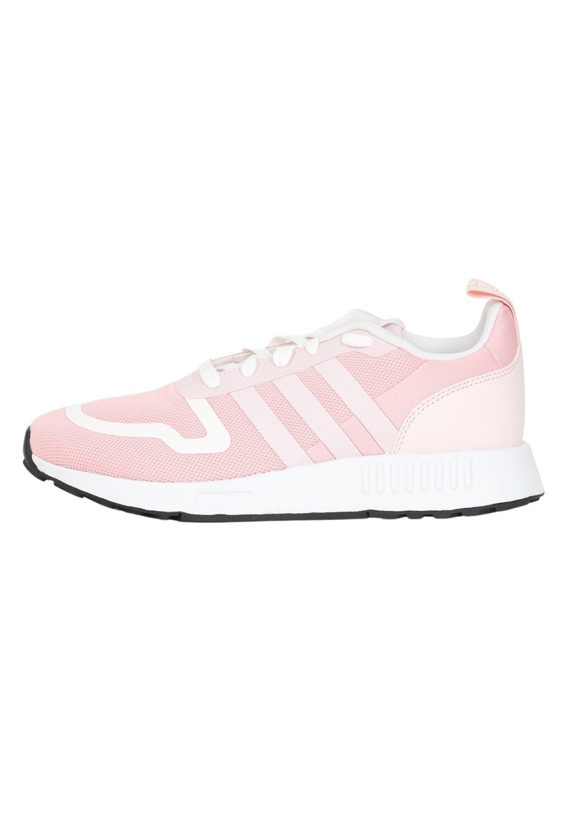 Pink athletic shoe with a mesh upper, white accents, three white stripes, and a black outsole. Features a padded collar and laces.