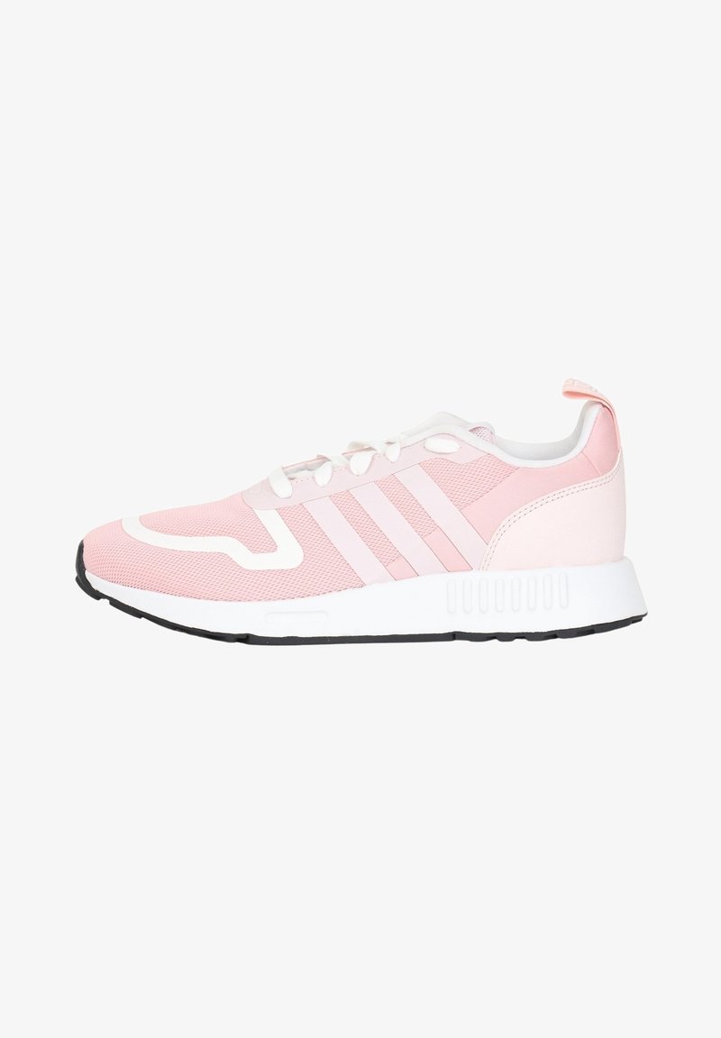 Pink athletic shoe with a mesh upper, white accents, three white stripes, and a black outsole. Features a padded collar and laces.