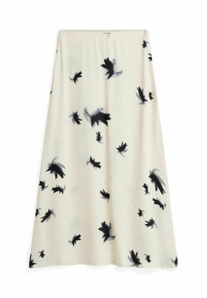 Bővülő midi szoknya könnyű anyagból, krém színű háttérrel, fekete absztrakt madármintákkal, rugalmas derékkal.
