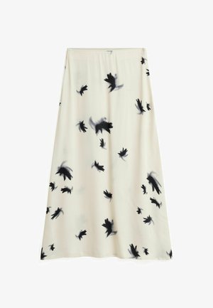 Bővülő midi szoknya könnyű anyagból, krém színű háttérrel, fekete absztrakt madármintákkal, rugalmas derékkal.