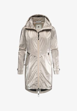 Letvægts sølvregnjakke med hætte, fuld frontlynlås, snoreliv og elastiske manchetter. Glat, skinnende tekstur med minimalistisk design.